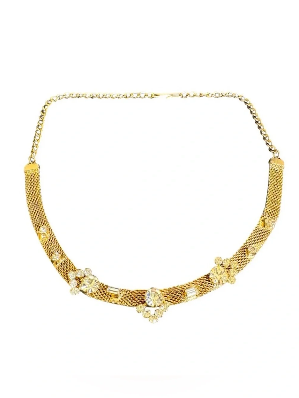 Vintage Rhinestone Choker Necklace Gold‎ Chain Clear Crystal Mesh Collar 14.5